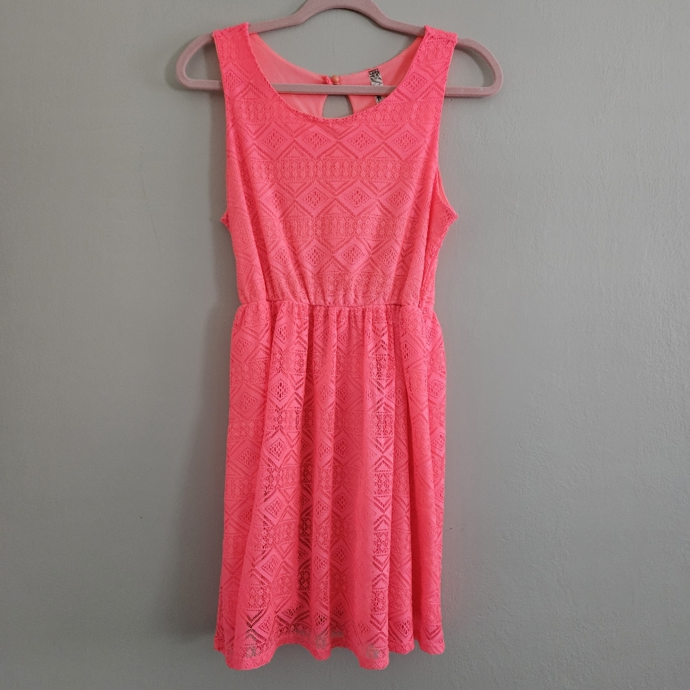 Bella D Neon Coral Pink Sleeveless Lace Diamond Geometric Summer Dress Large